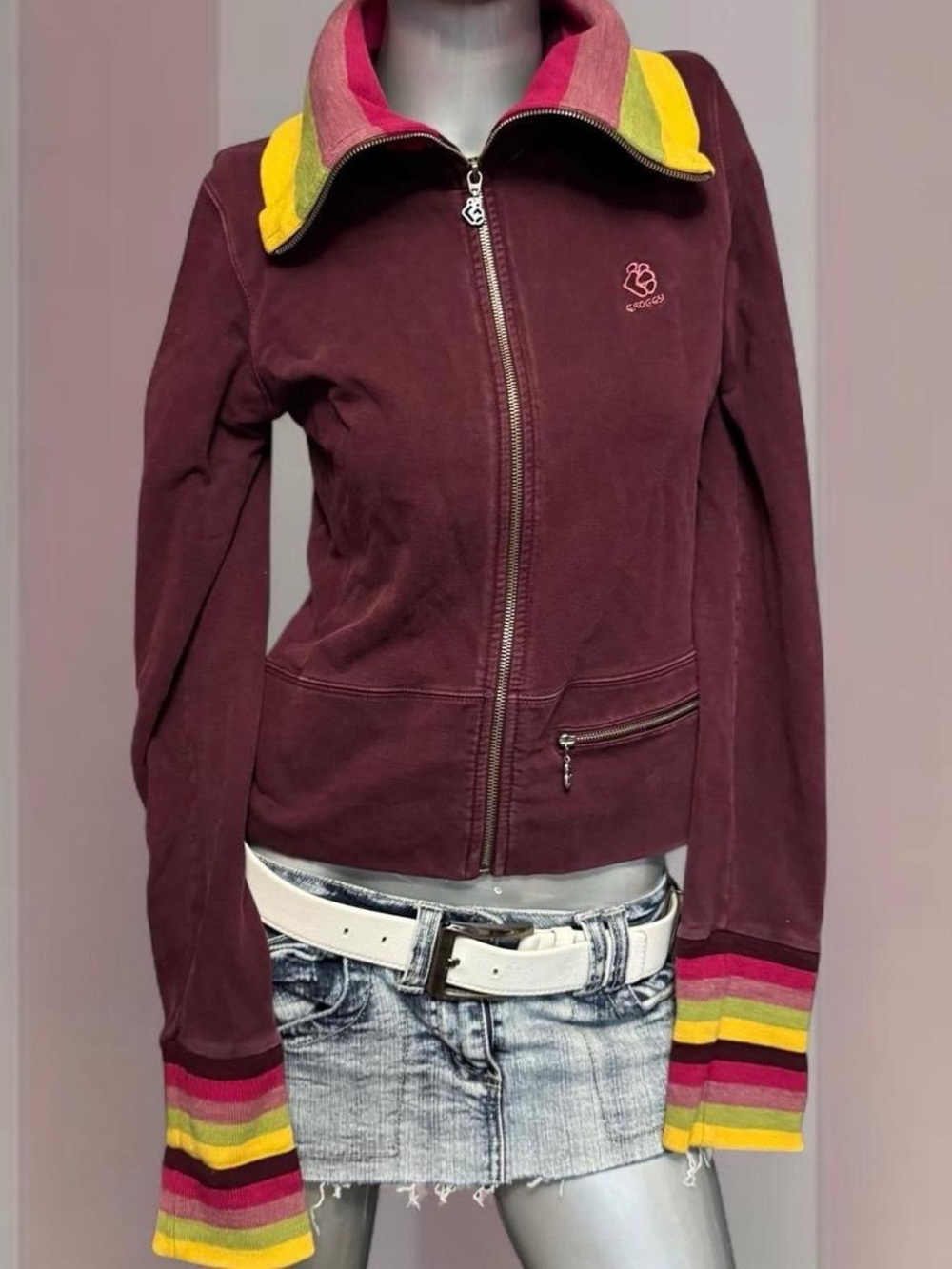 Groggy Y2K Burgundy Colourful Stripe Zip Sweatshirt